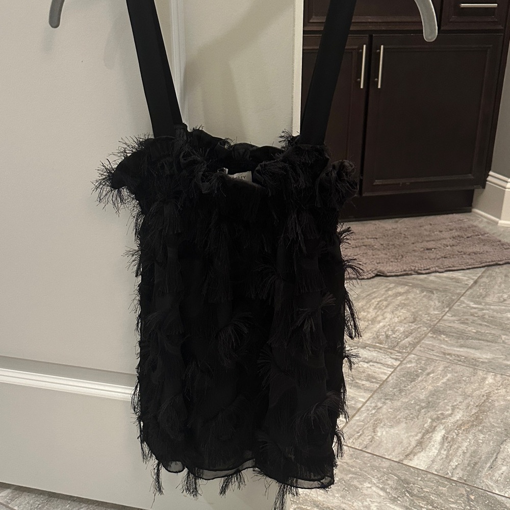 Anthro Waverly Grey Fringe Black Women's Top NWT S